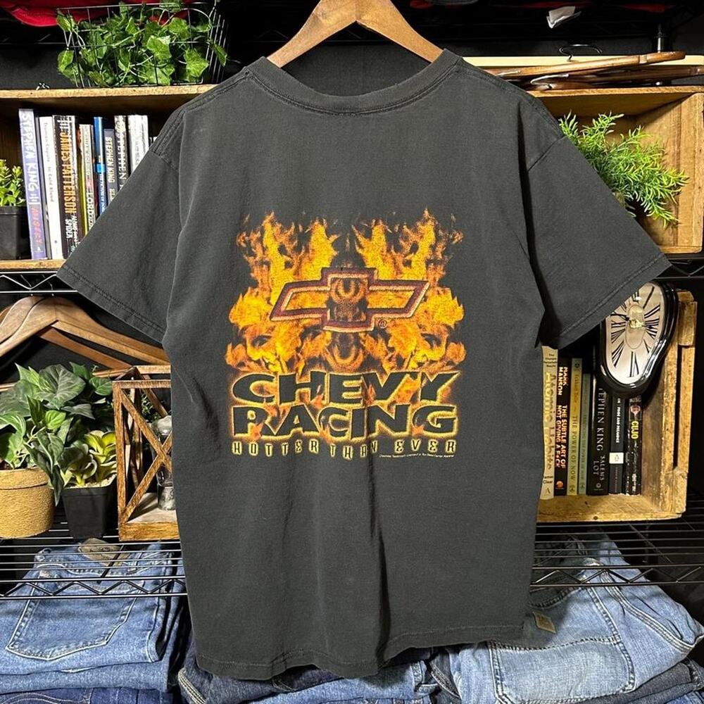 Vintage 90s Chevy Racing Faded Black Tee Large Distressed Flame Graphic Shirt